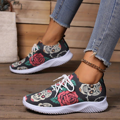 Women's Halloween Skull & Rose Printed Knit Sneakers