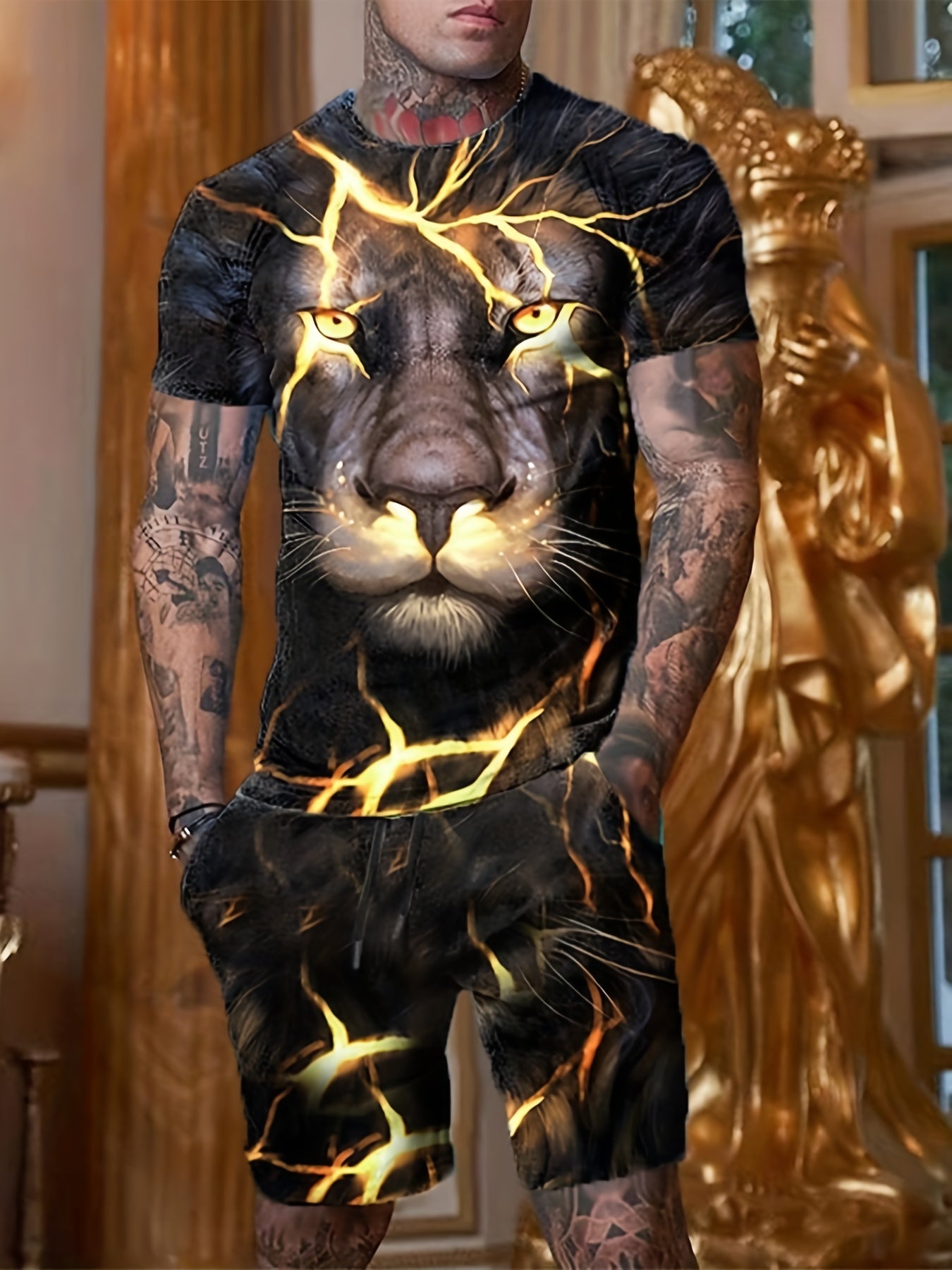 3D Lion Pattern Print Men's 2Pcs Outfits Crew Neck Short Sleeve T shirt