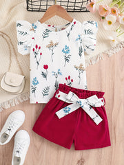 2pcs Girls Floral T-Shirt & Shorts Set Kids Summer Clothes