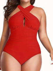 Sexy Plus Swimsuit Solid Cross Halter Ruched One Piece
