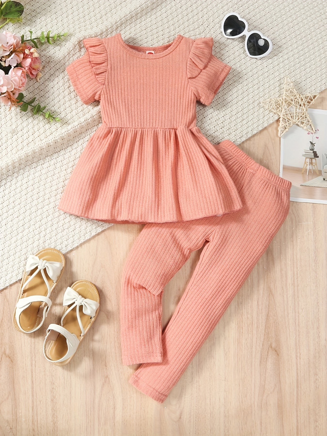 2pcs Toddler Girls Ruffle Peplum Tops & Elastic Waist Pants Set