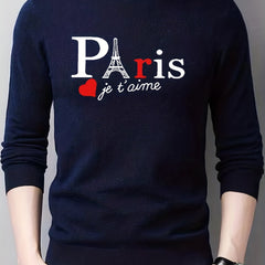 Men's Paris Print Knitted Sweater Casual Mid Stretch Long Sleeve Top