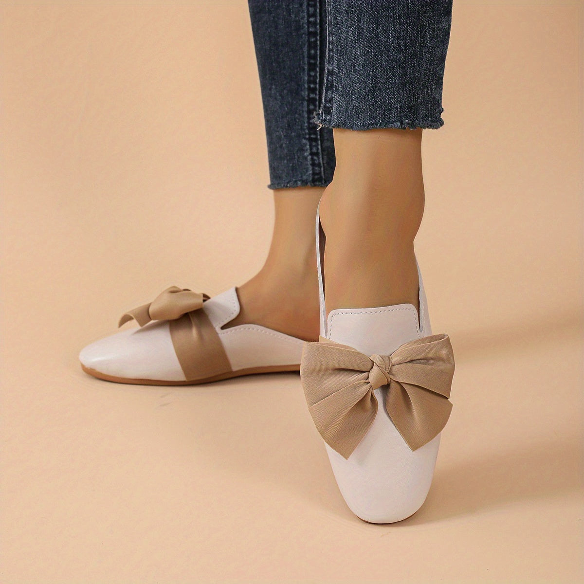 Bowknot Flat Mules Square Toe Slip On Backless Loafers