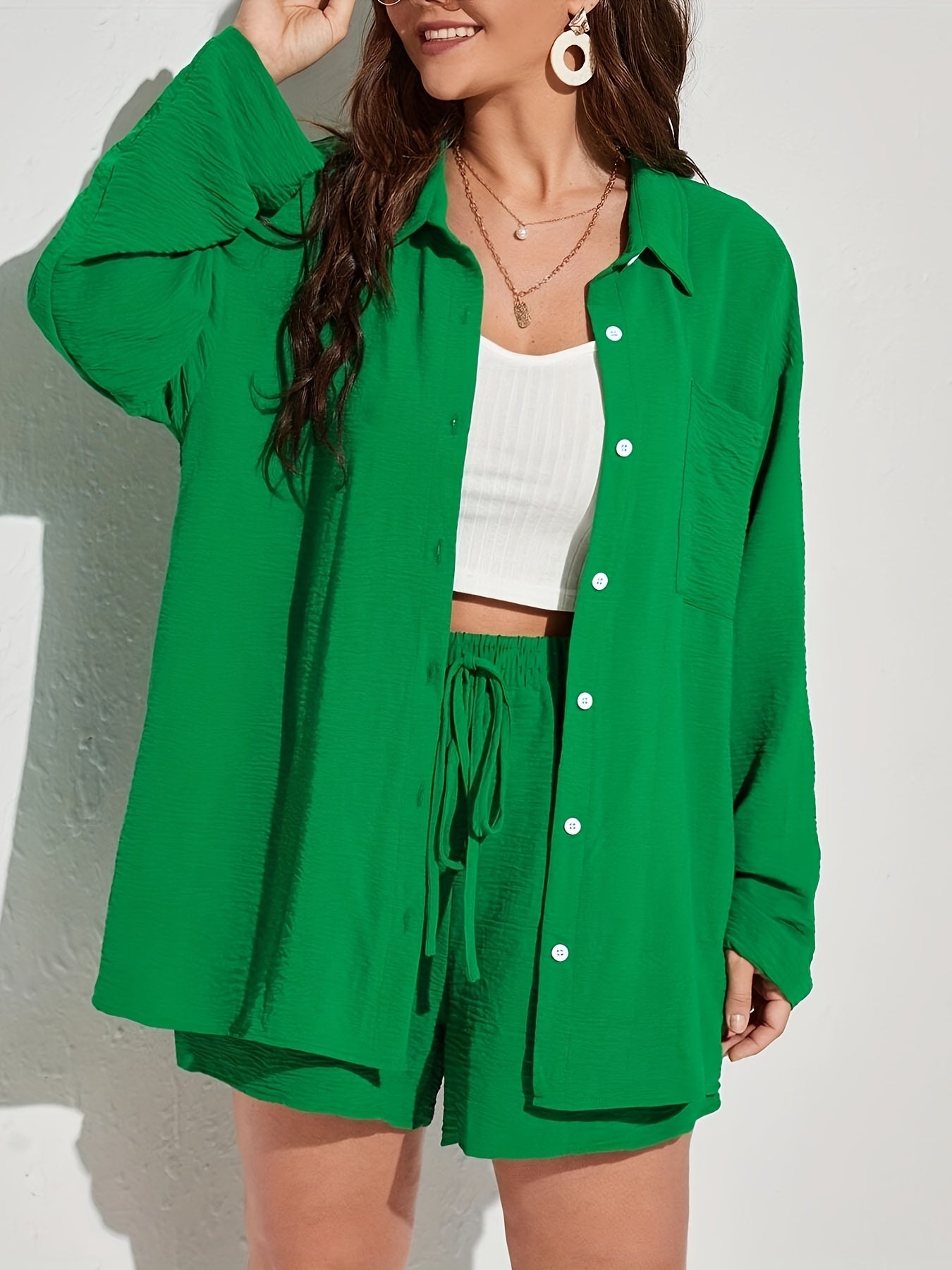 Casual 2 Piece Set: Polo Neck Blouse & Drawstring Shorts