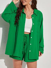 Casual 2 Piece Set: Polo Neck Blouse & Drawstring Shorts