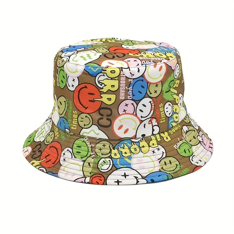 Smiling Face Print Bucket Hat Hip Hop Cartoon Basin Hat Unisex Sunshade Fisherma