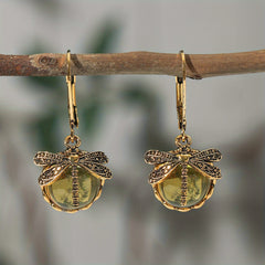 Retro Dragonfly Green Pendant Earrings Bohemian Style Jewelry