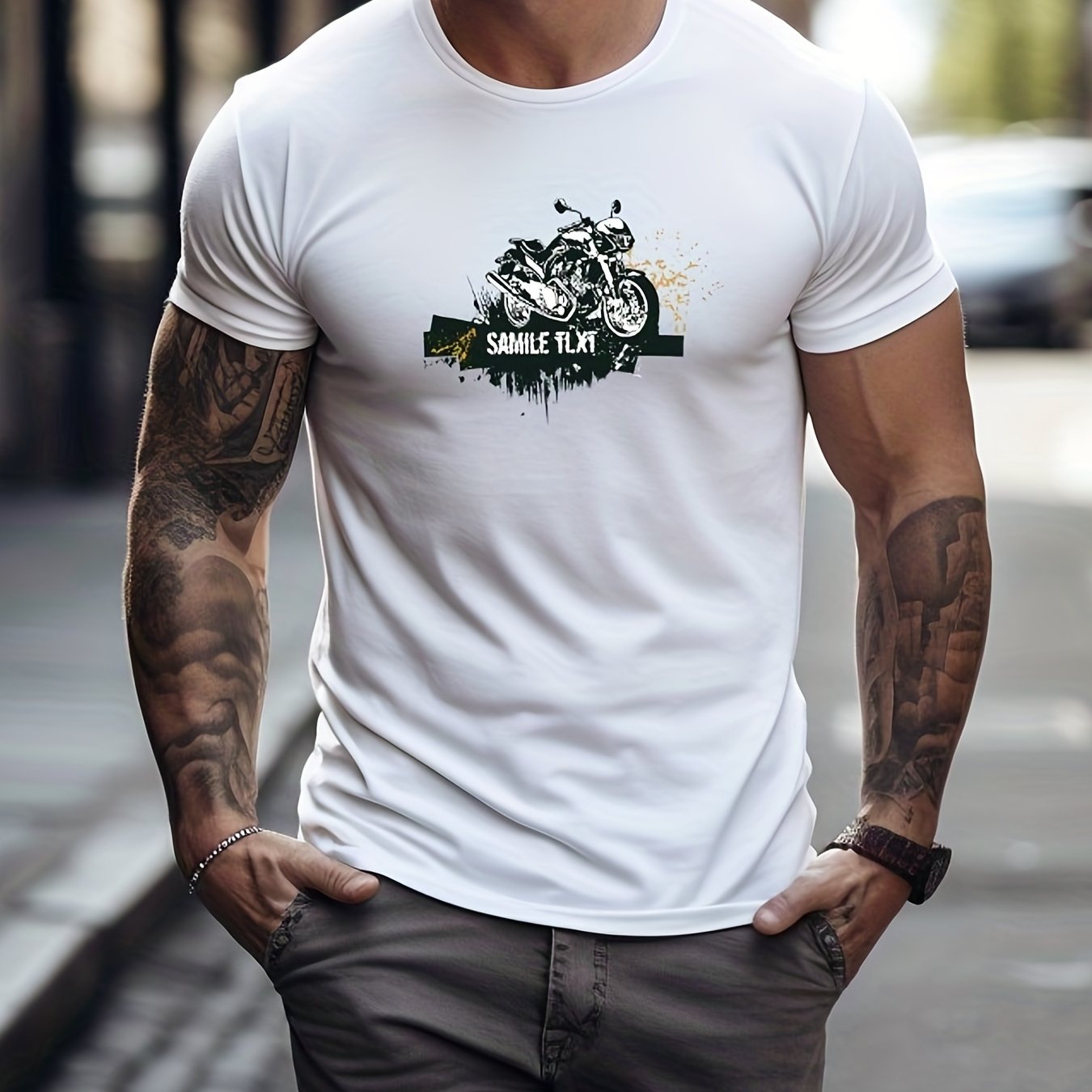 Motorcycle Print Men's Graphic Crew Neck T shirt Casual Comfy Tees