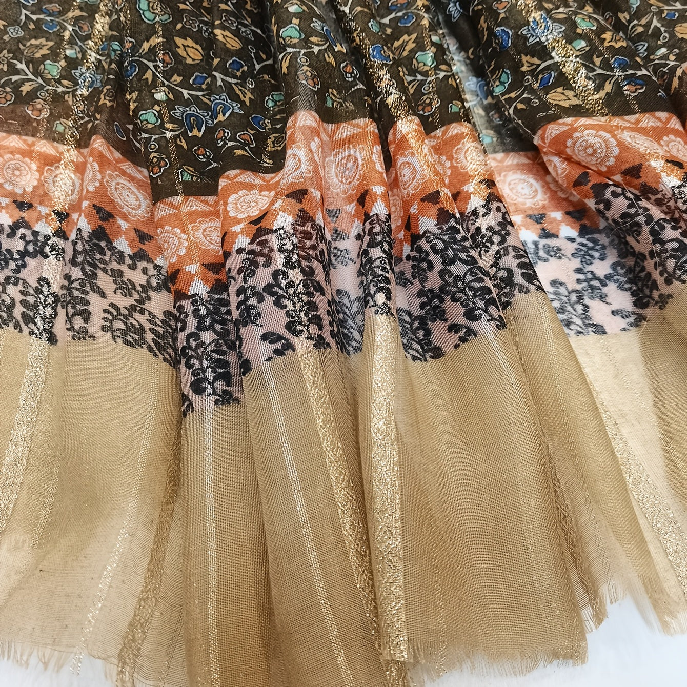 Brown Vintage Scarf Boho Floral Print Voile Shawl Frayed Edge Head Wrap