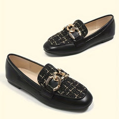 Women's Tweed Flat Loafers with Metallic Chain Decor