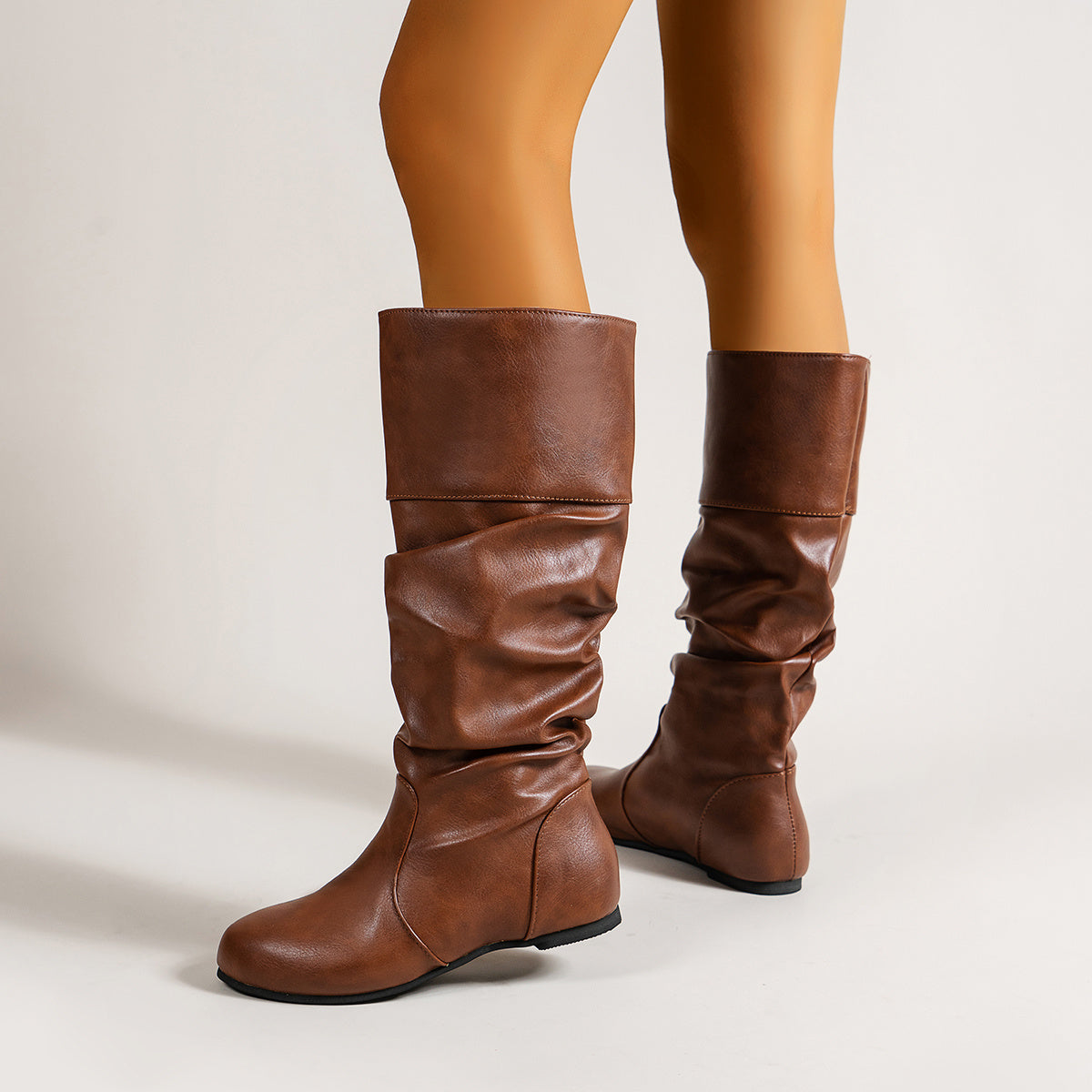 Women's Ruched Mid Calf Riding Boots in Dark Brown