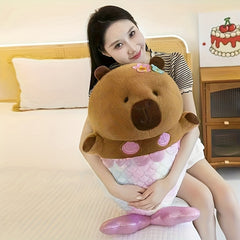 Pink Capybara Plush Toy Soft Fluffy Faux Fur Glitter Cartoon Animal Bow