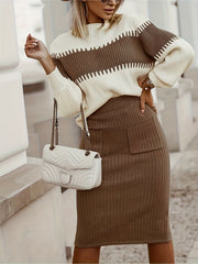 Ribbed Two Piece Set Knit Sweater & Midi Skirt Outfit Women's Clothing