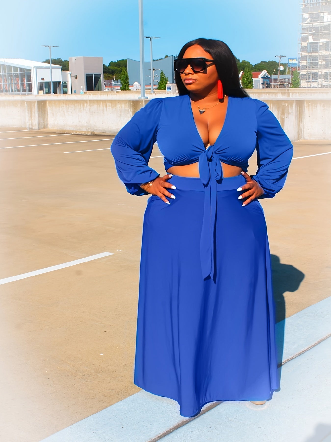 Deep V-Neck Knot Top & Long Skirt Set
