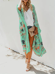Floral Pattern Cover Up Shirt V Neck Loose Fit Beachwear Kimono