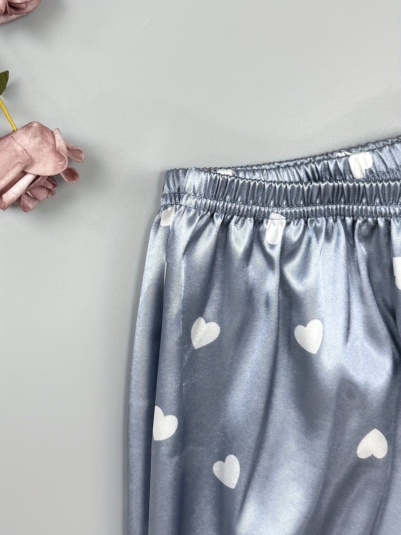 Heart Print Pajama Set Long Sleeve Top & Pants Women's Sleepwear