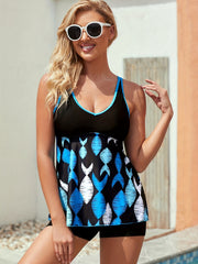 Colorblock Fish Print Cami Top & Shorts Swimsuit Set