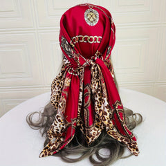 Red Square Scarf Leopard Print Gold Chain Silk Neck Shawl Headwrap