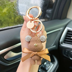 Artificial Diamond Key Chain with Rhinestone Woolen Bear Inlay