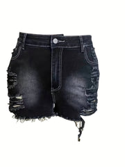 Washed Ripped Denim Shorts High Cut Button Fly