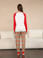 Print Christmas Pajama Set Long Sleeve Top & Striped Pants Women's Sleepwear