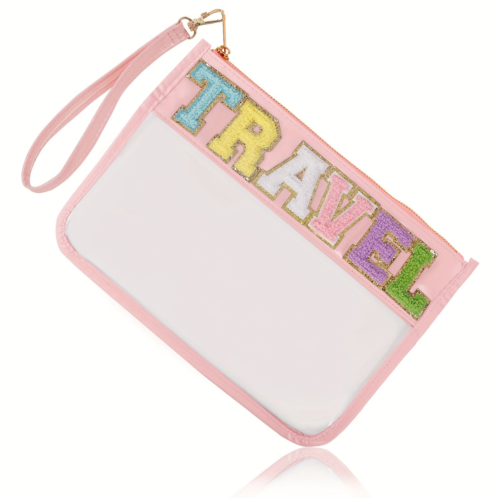 Monogram PVC & PU Clear Zipper Pouch Wristlet Glitter Makeup Beach Pouch