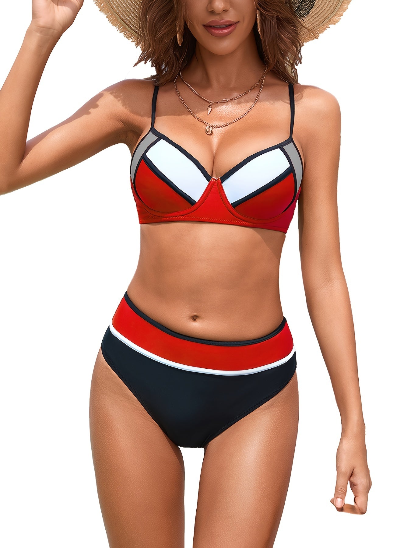 Colorblock V Neck Bikini Set Back Buckle High Cut Swimsuit