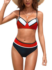 Colorblock V Neck Bikini Set Back Buckle High Cut Swimsuit
