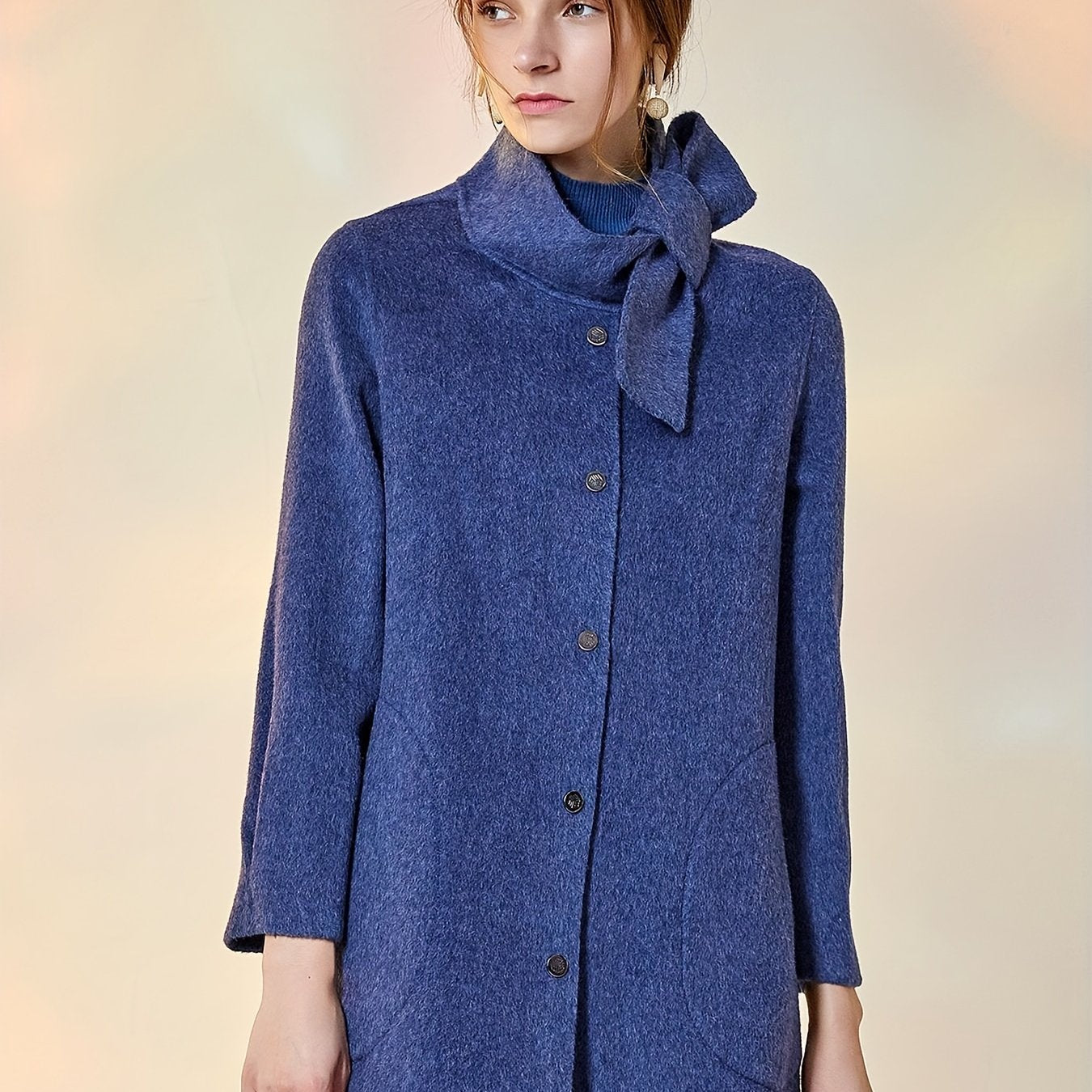 Solid Coat Casual Funnel Collar Bow Tie Outerwear Women's Clothing