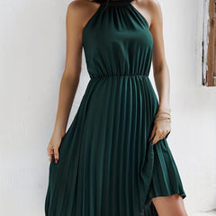 Pleated Sleeveless Dress Solid Cinched Waist Dress