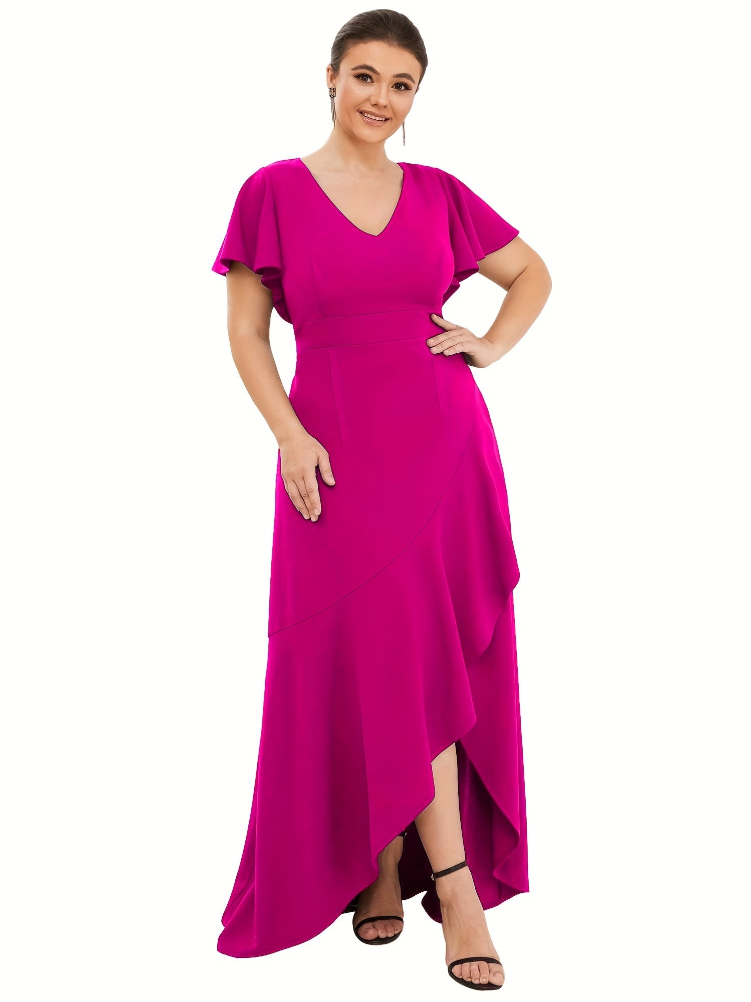 Solid Ruffle Trim Cap Sleeve Maxi Dress Women's Plus Medium