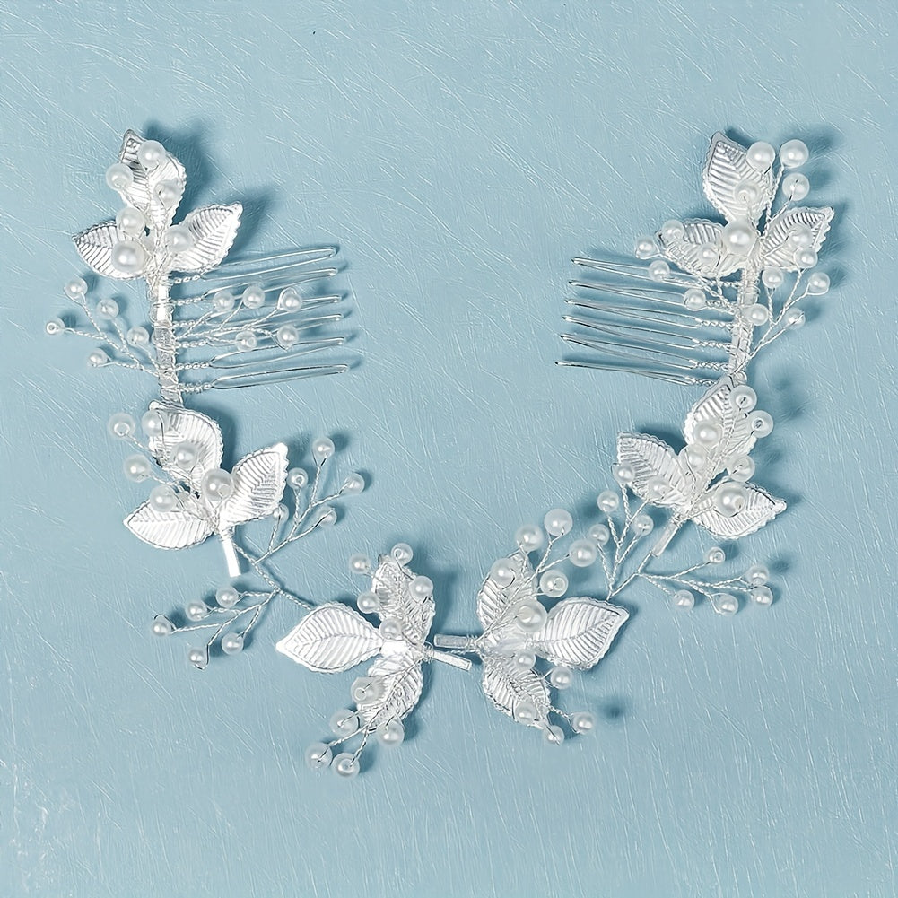 Leaf & Faux Pearl Hair Comb Bridal Wedding Headwear Hair Styling Accessory