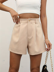 Pleated Button Front Casual Shorts for Women
