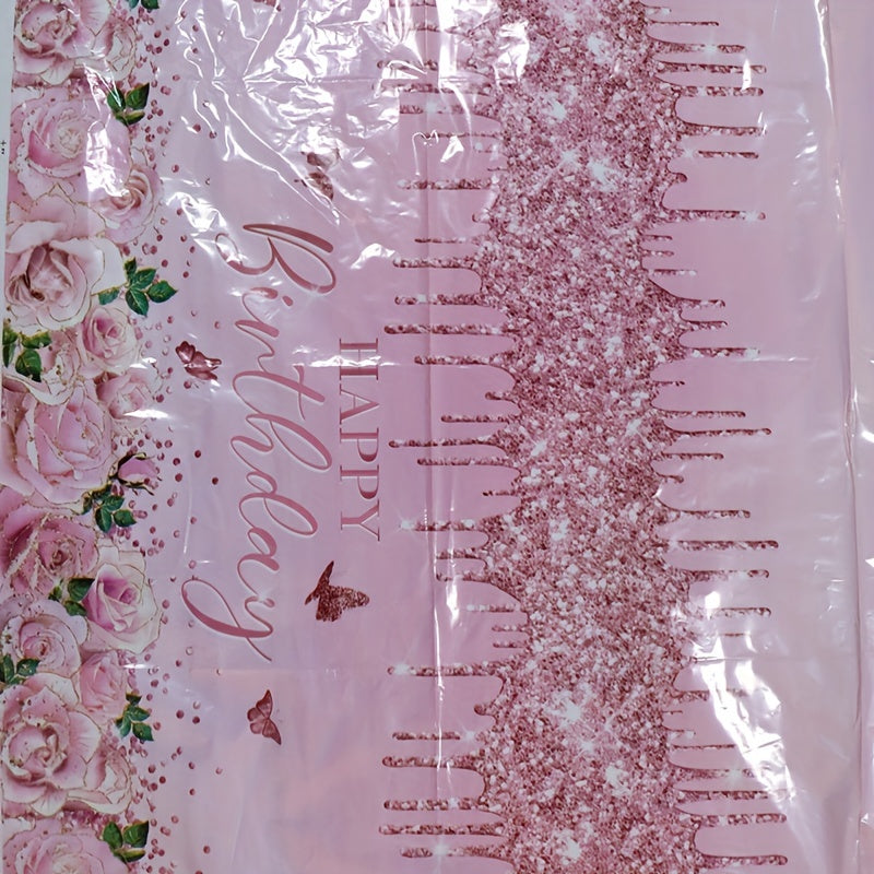 Pink Rose Flower Butterfly Tablecloth for Birthday Wedding Party