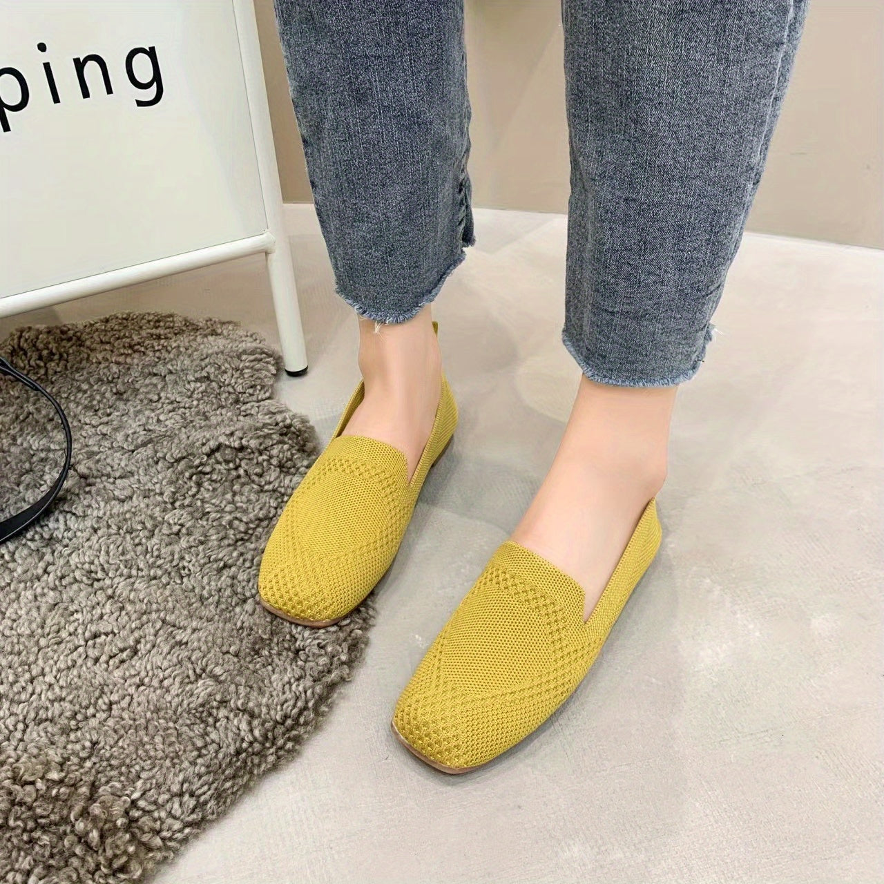 Women's Knitted Square Toe Slip-On Shoes Comfy & Versatile Flats
