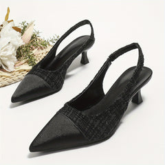 Tweed Kitten Heels Cap Top Slip On Pointed Toe Slingback Dress Sandals