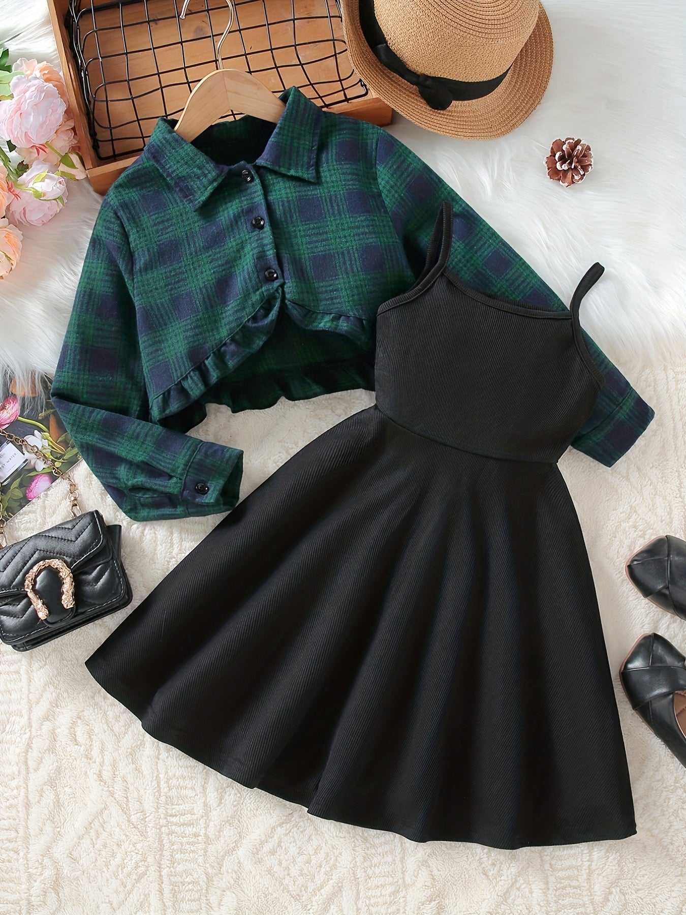 Girls A-line Dress & Plaid Shirt Set Kids Summer Clothes