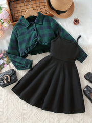 Girls A-line Dress & Plaid Shirt Set Kids Summer Clothes