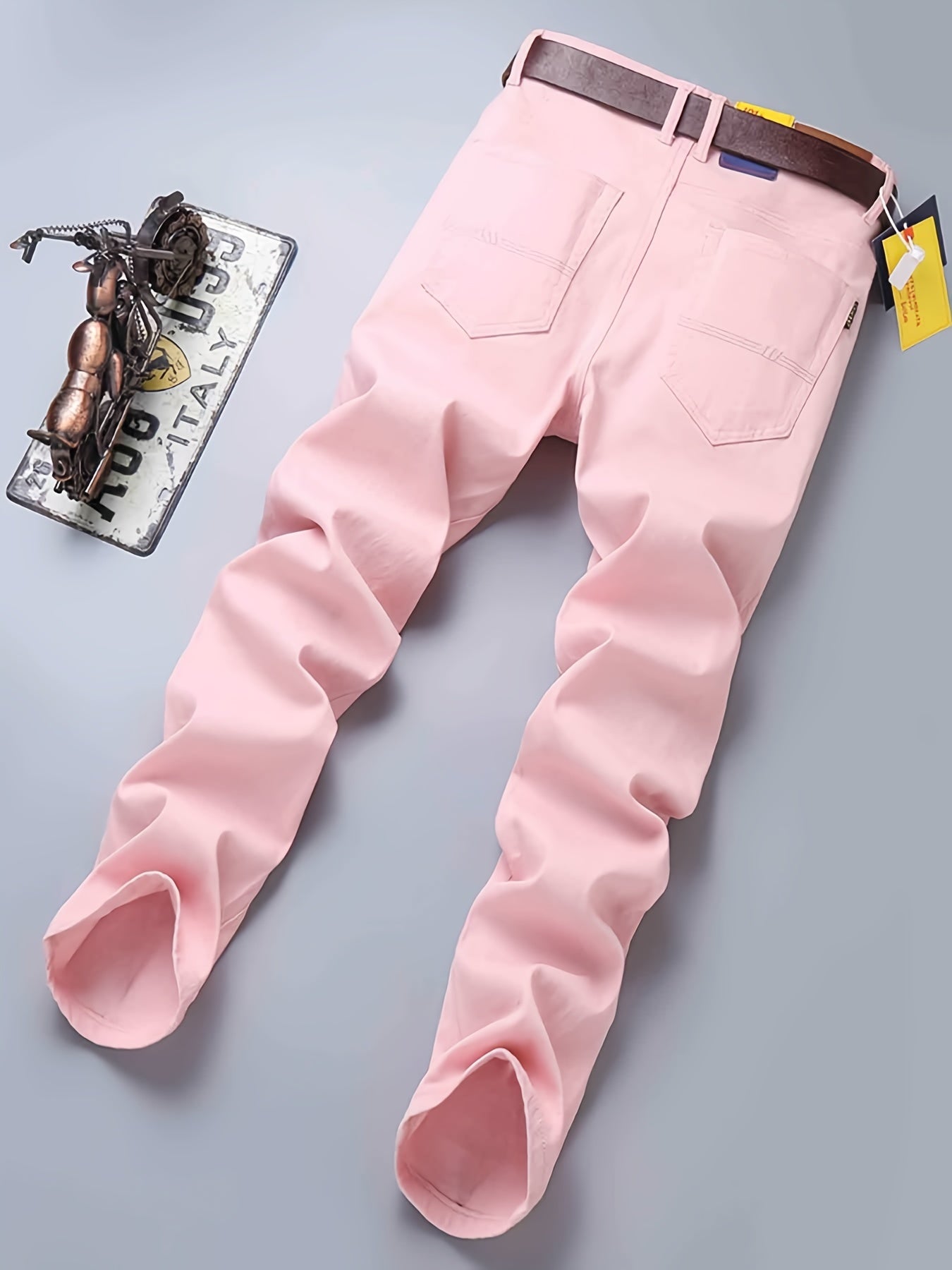 Pink Cotton Blend Jeans Men's Casual Street Style Denim Pants
