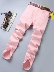 Pink Cotton Blend Jeans Men's Casual Street Style Denim Pants