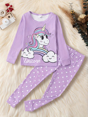 Unicorn Rainbow Pajamas Set for Girls, Long Sleeve Top & Polka Dot Pants