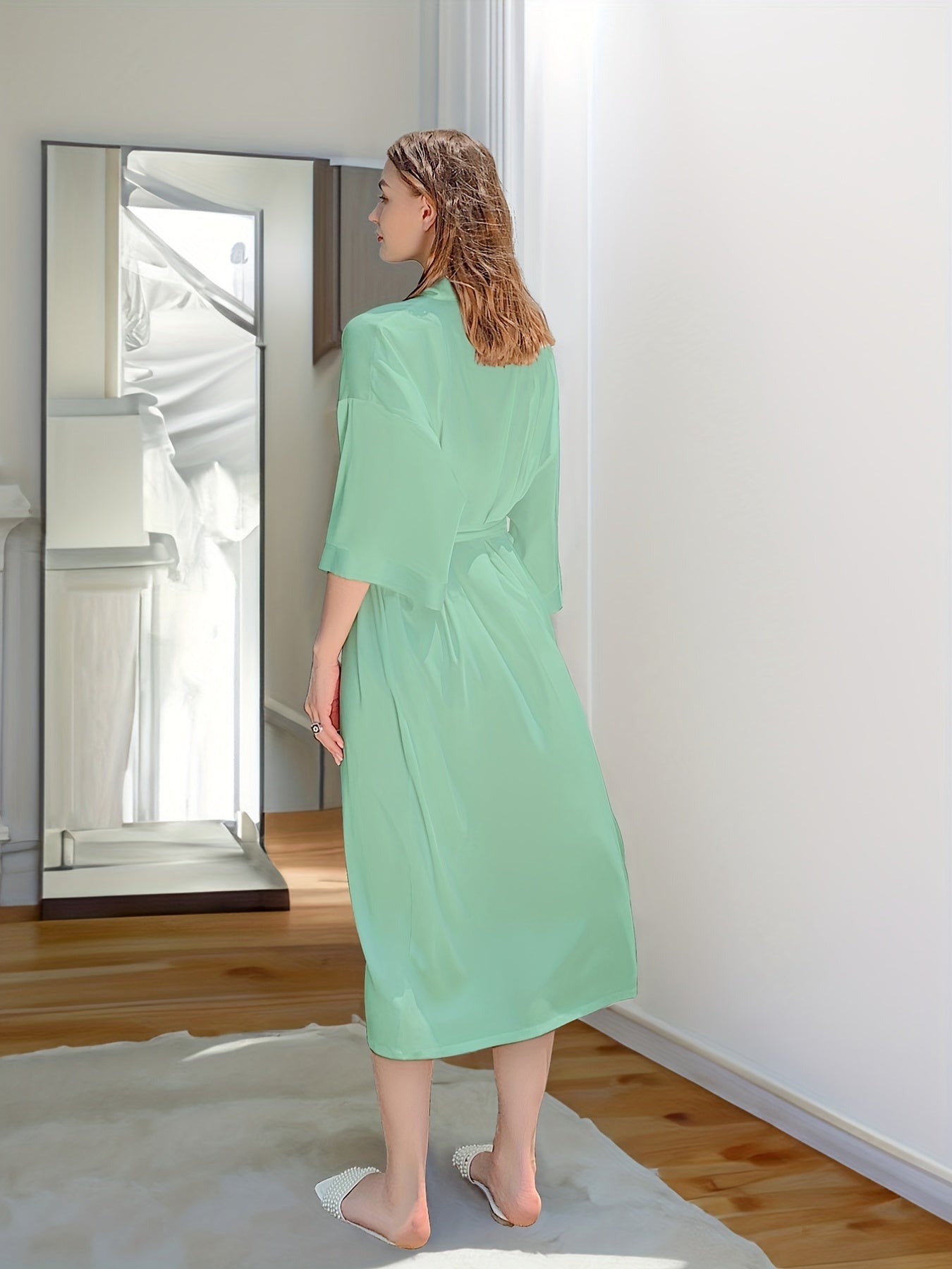 Satin Lounge Robe V Neck 3 4 Sleeve with Belt Women's Loungewear
