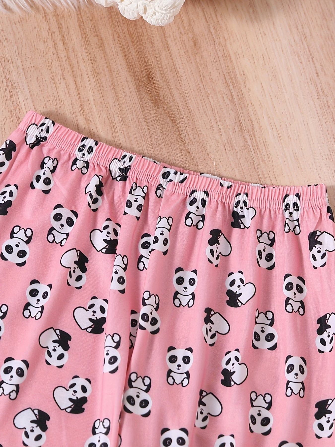 Girls Panda Graphic Pajamas Set Crew Neck Top & Pants Sleepwear
