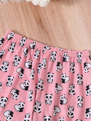 Girls Panda Graphic Pajamas Set Crew Neck Top & Pants Sleepwear