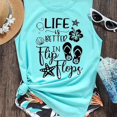 Letter Print Tank Top Crew Neck Sleeveless Summer Beach Women's Tank Top