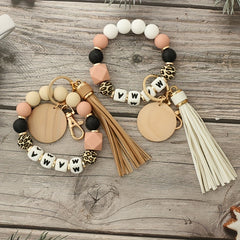 MAMA Silicone Beaded Bracelet Keychain Tassel Key Ring Purse Bag Charm