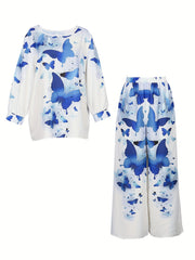 Butterfly Print Top & Wide Leg Pants Set