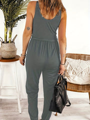 Button Up V Neck Belted Jumpsuit