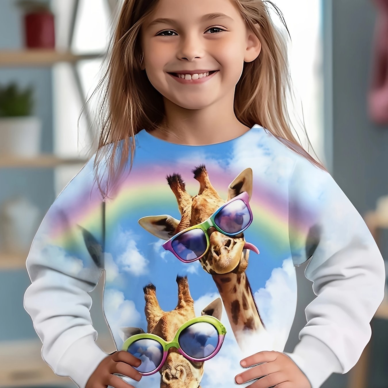 Giraffe Graphic Crew Neck Long Sleeve T shirt For Girls Spring Fall Gift
