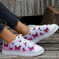 Women's Butterfly Pattern Canvas Shoes - Lace Up Low Round Toe Flat
